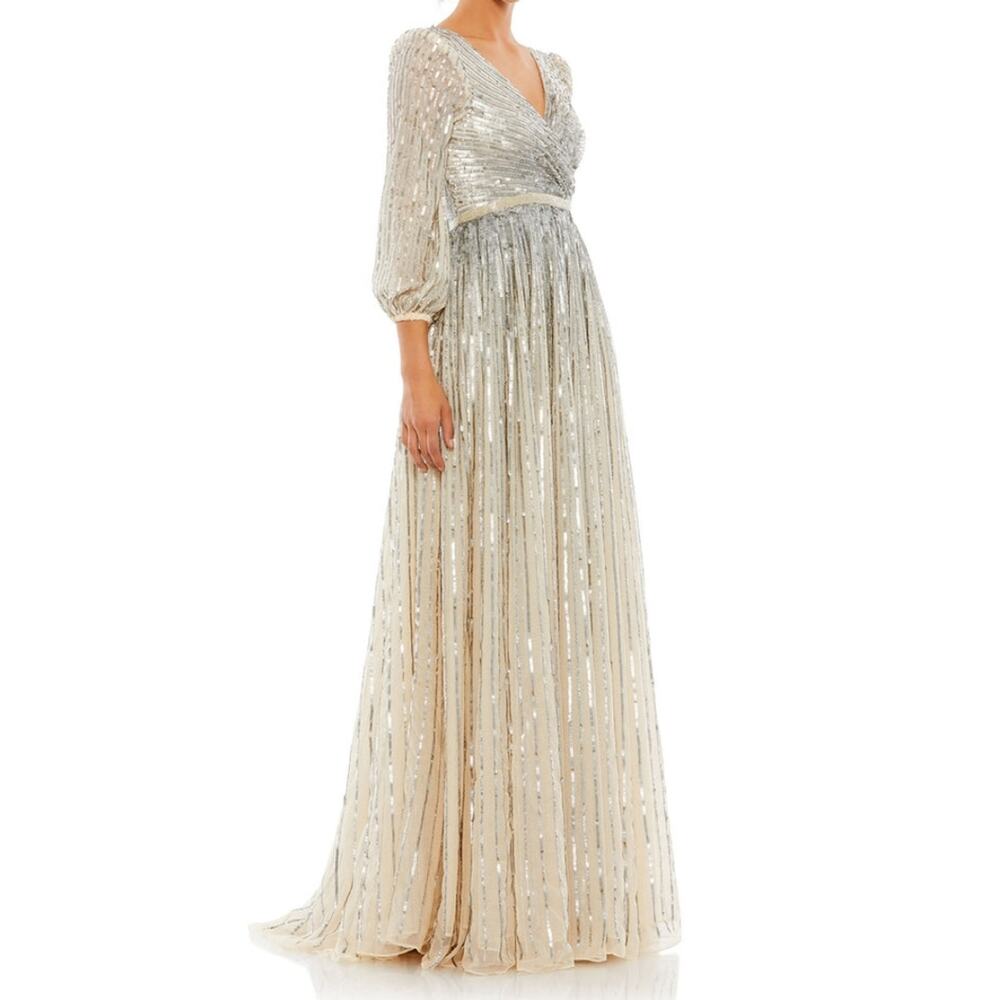 Sz 16 MAC DUGGAL Champagne and Silver 3/4 Sleeve Floor-length Sequin Gown - Picture 9 of 11